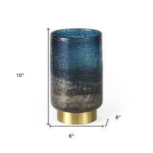 Homeroots 10" Artisan Blue And Gold Metallic Flat Bottom Vase  Crystal Glass 397484
