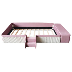 English Elm Twin Velvet Kids Daybed with Built-in Stairs Padded Guardrails and Gas Lift Storage Pink+White SF000201AAH