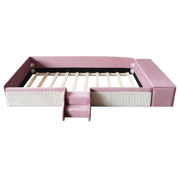 English Elm Twin Velvet Kids Daybed with Built-in Stairs Padded Guardrails and Gas Lift Storage Pink+White SF000201AAH
