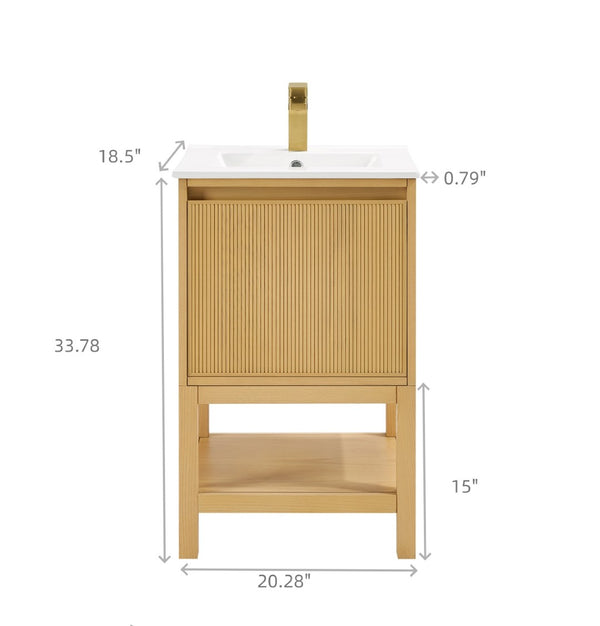 English Elm 20 Inch Ash Wood Bathroom Vanity Pre-assembled with Ceramic Basin and Adjustable Storage W2316P380501