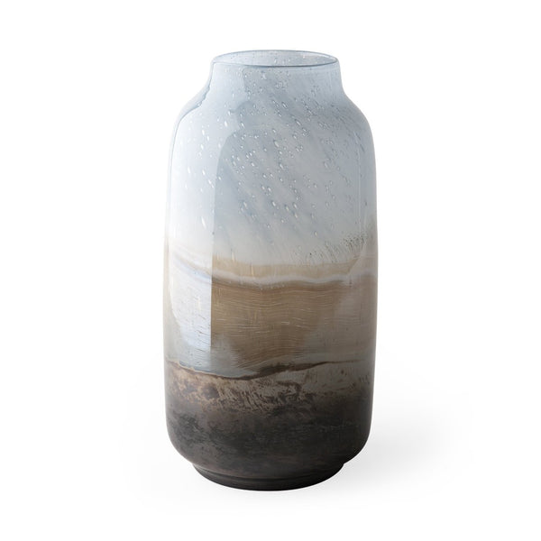 HomeRoots 15" Blue And Beige Abstract Cylinder Crystal Glass Vase – Modern Home Décor for Flowers & Accents 397504
