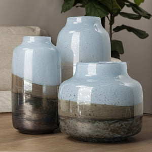 HomeRoots 15" Blue And Beige Abstract Cylinder Crystal Glass Vase – Modern Home Décor for Flowers & Accents 397504