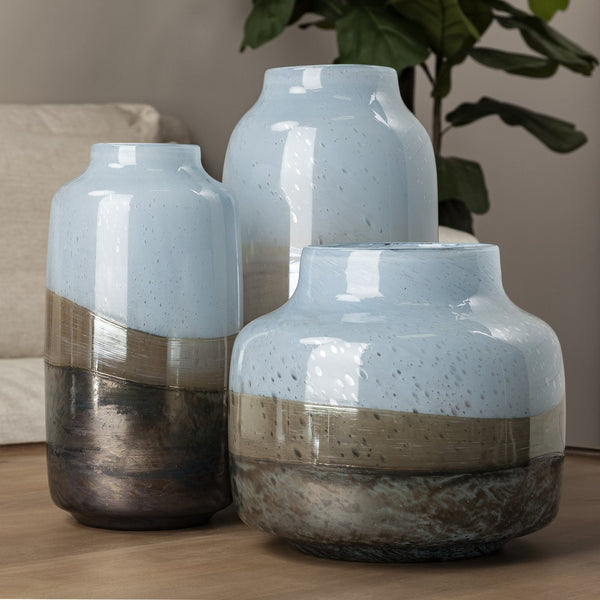 HomeRoots 15" Blue And Beige Abstract Cylinder Crystal Glass Vase – Modern Home Décor for Flowers & Accents 397504