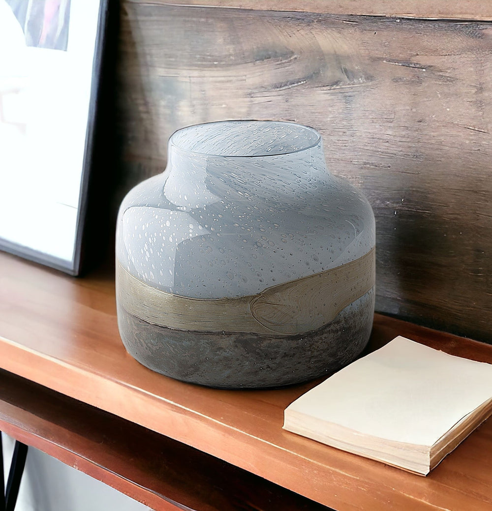 Homeroots 9" Blue And Brown Ocean Colored Bubble Glass Rounded Square Glass Vase  Crystal Glass 397522