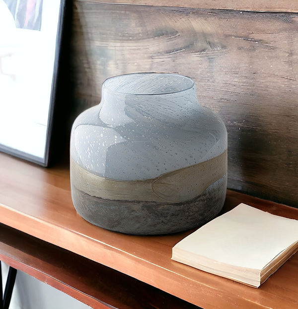 Homeroots 9" Blue And Brown Ocean Colored Bubble Glass Rounded Square Glass Vase  Crystal Glass 397522