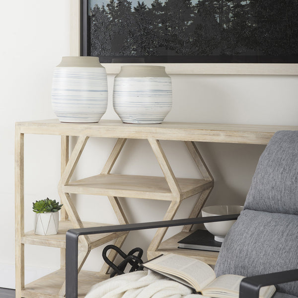 Homeroots 9" White Blue And Sand Abstract Cylinder Ceramic Table Vase  Ceramic 397529