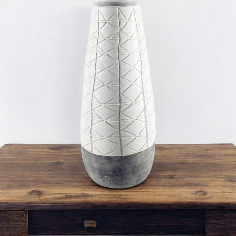 HomeRoots 21" Gray and White Abstract Cylinder Vase - Modern Ceramic Decor for Floral Arrangements & Gifts 397547