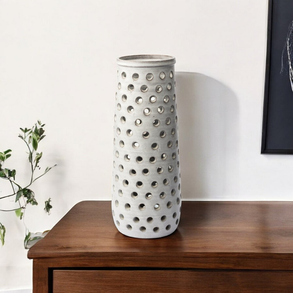HomeRoots 19" Ceramic Cylinder Vase with White Polka Dots - Modern Artisanal Charm for Home Decor Accents 397548