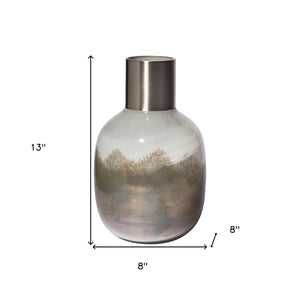 Homeroots 13" Cream And Brown Ombre Glass Vase With Dark Bronze Top  Crystal Glass 397562