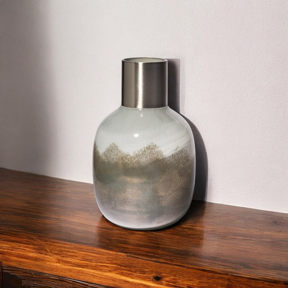 HomeRoots 13" Elegant Ombre Glass Cylinder Vase with Metallic Neck - Perfect for Stylish Home Decor & Gifts 397562