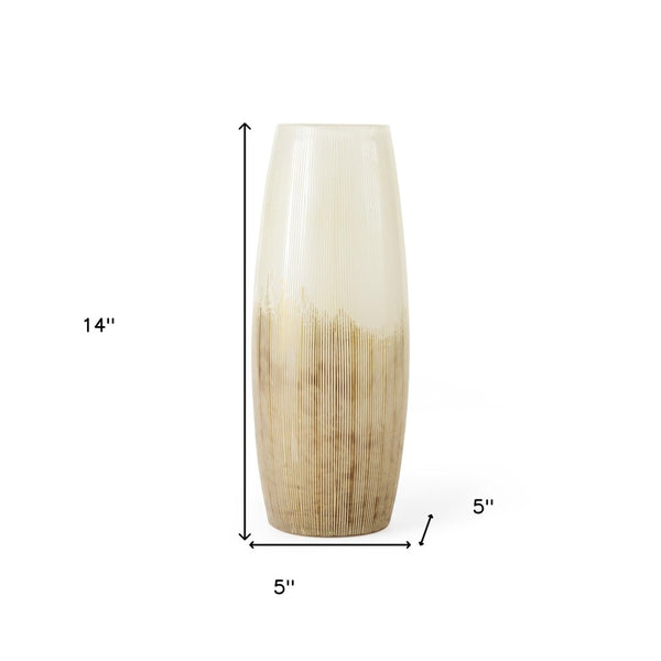 Homeroots 14" Elegant White And Gold Ombre Striped Glass Vase - Perfect Minimalist Home Decor Accent Piece  Crystal Glass 397580