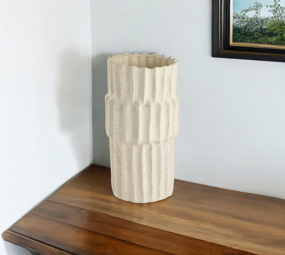 Homeroots 14" Sand Organic Textured Ceramic Cylinder Table Vase  Ceramic 397585