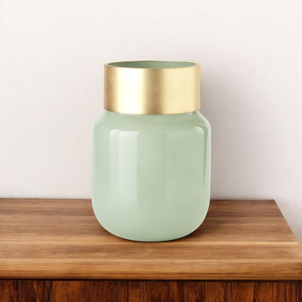 HomeRoots 12" Green Abstract Cylinder Crystal Glass Vase – Modern Elegance for Home Décor & Floral Displays 397587