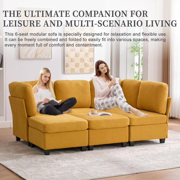 English Elm UNITED Modular 6-Seat Sectional Sofa with Removable Ottoman, Storage Compartments, Convertible Comfort Mustard yellow W1568S00247