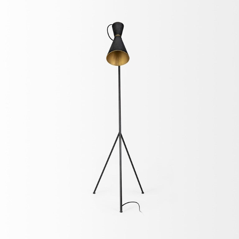 HomeRoots 58 Inch Tripod Floor Lamp Black Gold Cone Shade Metal Industrial Living Room Light 397603