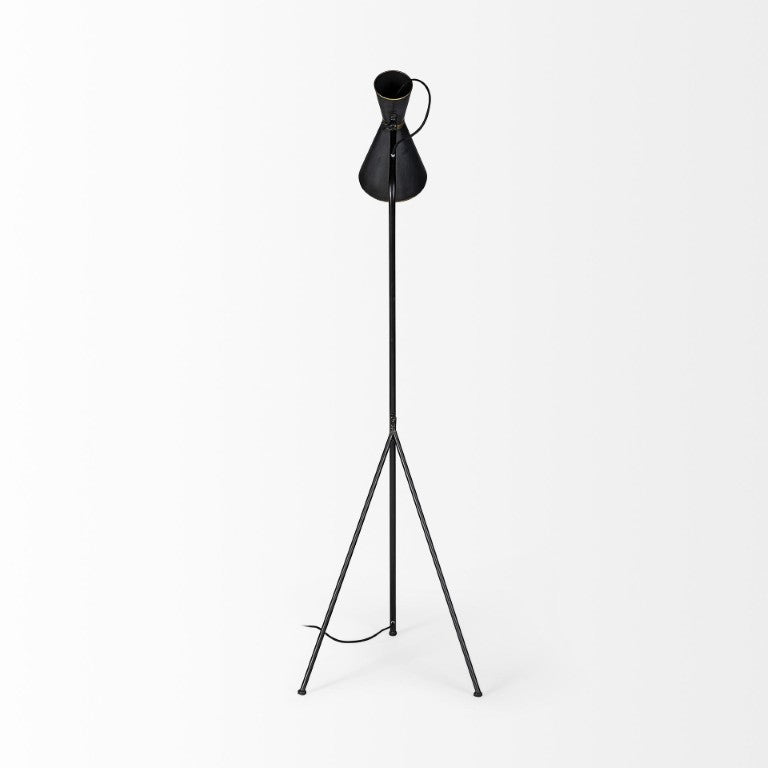 HomeRoots 58 Inch Tripod Floor Lamp Black Gold Cone Shade Metal Industrial Living Room Light 397603