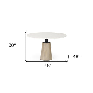HomeRoots 48" Modern Round Marble Pedestal Dining Table with Natural Wood Base - Stylish & Versatile Design 397607