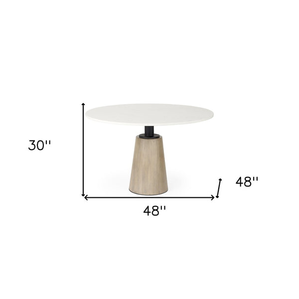 HomeRoots 48" Modern Round Marble Pedestal Dining Table with Natural Wood Base - Stylish & Versatile Design 397607