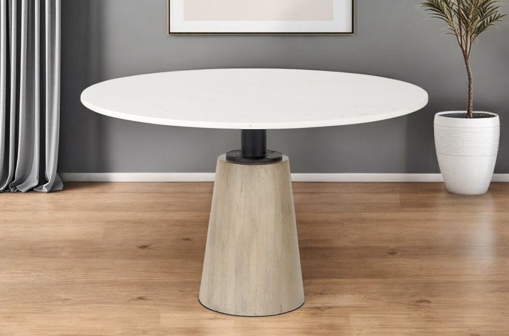 HomeRoots 48" Modern Round Marble Pedestal Dining Table with Natural Wood Base - Stylish & Versatile Design 397607