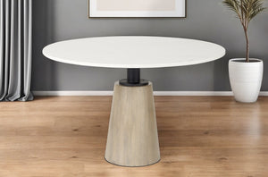 HomeRoots 48" Modern Round Marble Pedestal Dining Table with Natural Wood Base - Stylish & Versatile Design 397607