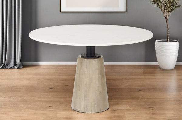 HomeRoots 48" Modern Round Marble Pedestal Dining Table with Natural Wood Base - Stylish & Versatile Design 397607