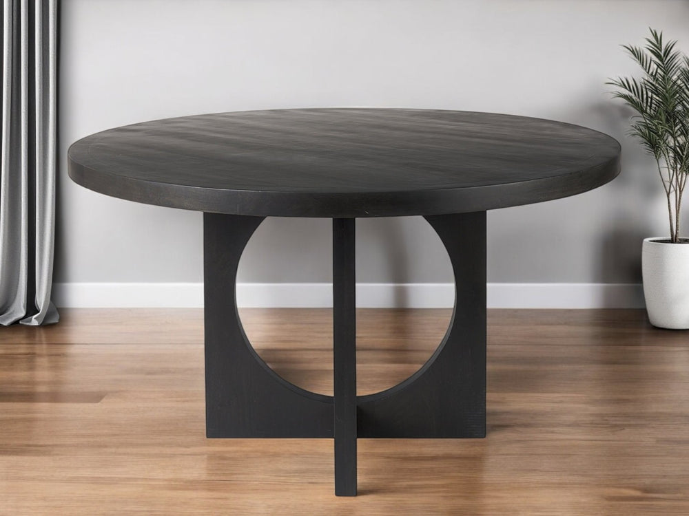 HomeRoots 54" Black Round Pedestal Dining Table - Modern Solid Wood Design, Stylish Geometric Base & Versatile Use 397611