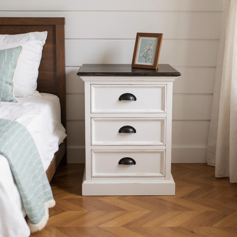 HomeRoots 24" Handcrafted White and Brown Three Drawer Nightstand – Vintage Farmhouse Charm for Any Space 397619