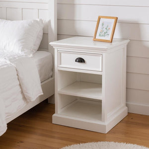 HomeRoots 24" White Solid Wood Nightstand - Distressed Vintage Design with Drawer & Open Shelf for Storage 397622