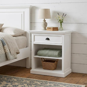 Classic White Nightstand with Open Shelving for Elegant Bedroom Storage Organization