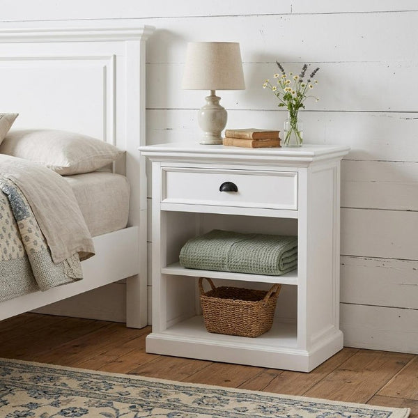 Classic White Nightstand with Open Shelving for Elegant Bedroom Storage Organization