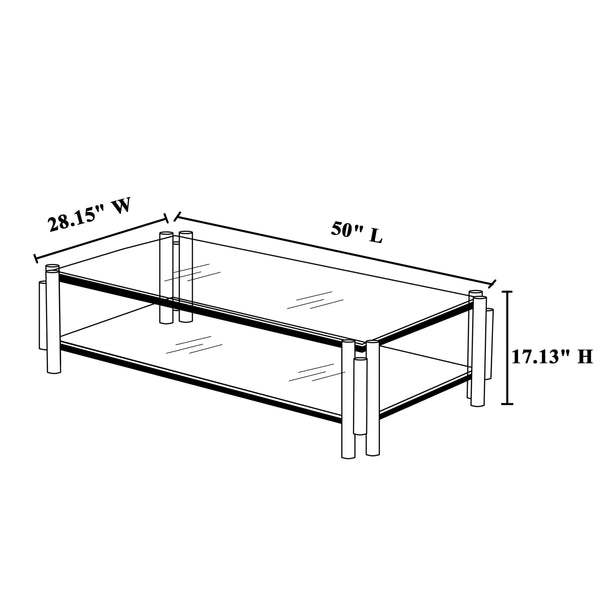English Elm 47" Modern Stainless Steel Coffee Table With Clear Glass Top & Two-Tier Storage For Home Or Office W2978S00005