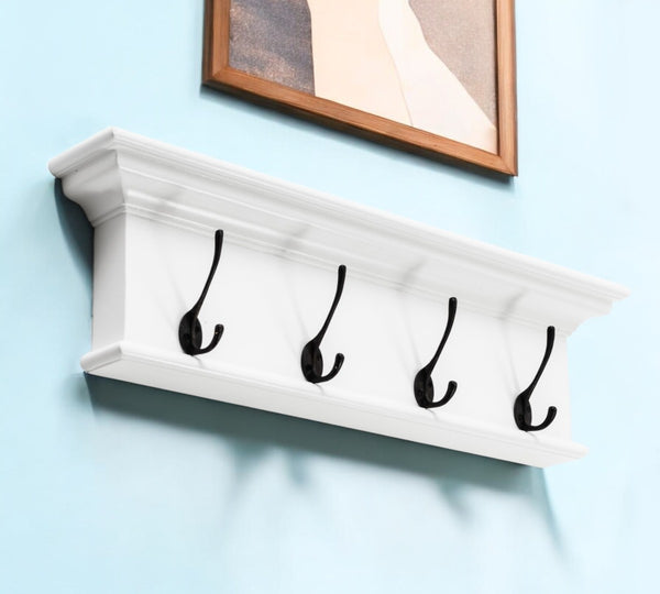 HomeRoots 28" Classic White Wood Coat Rack with 4 Hooks & Shelf - Elegant Entryway Storage Solution for Home 397661