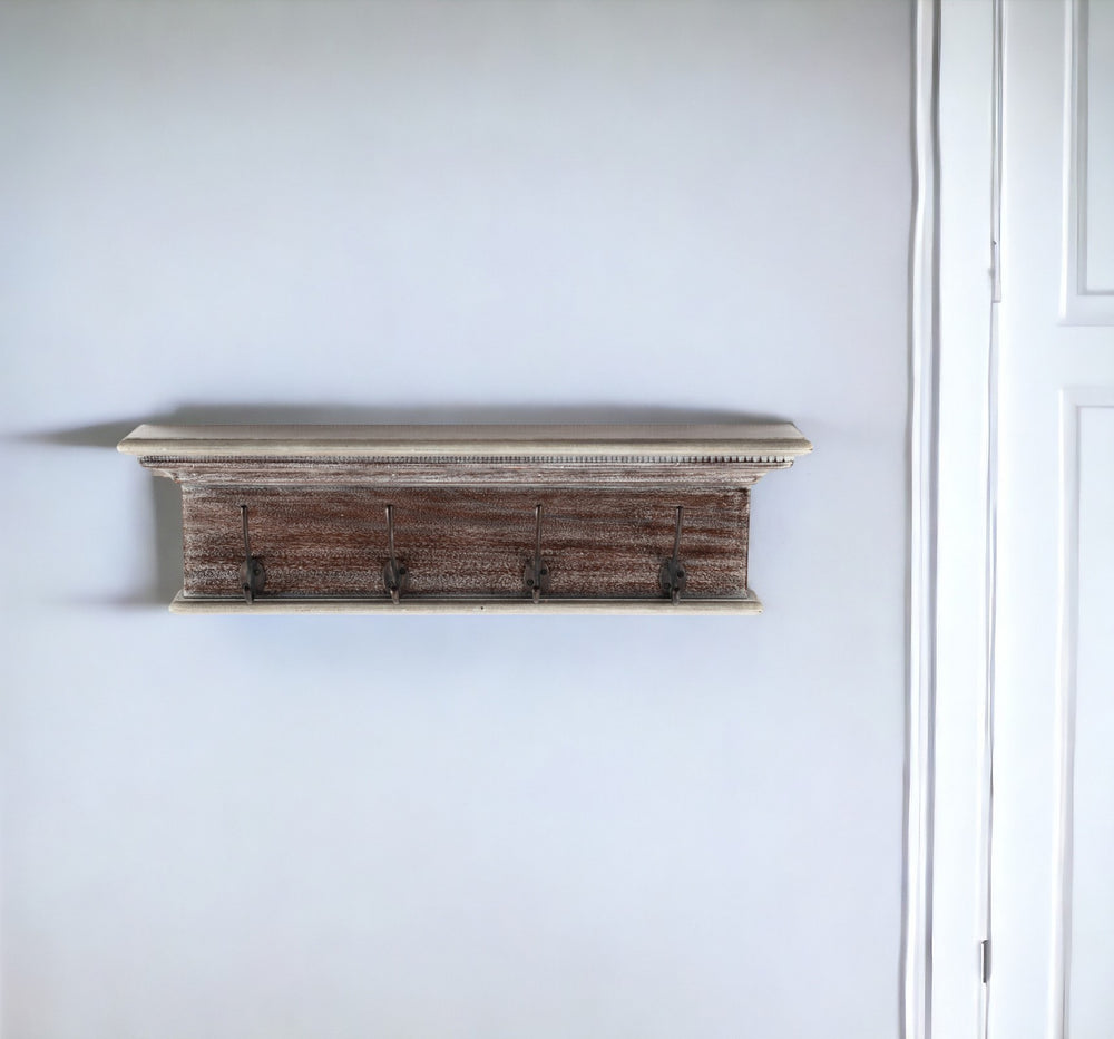 Homeroots 28" Natural Wash Rustic Wood Four Hook Hanging Coat Rack  Mahogany 397662