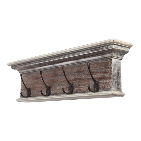 Homeroots 28" Natural Wash Rustic Wood Four Hook Hanging Coat Rack  Mahogany 397662