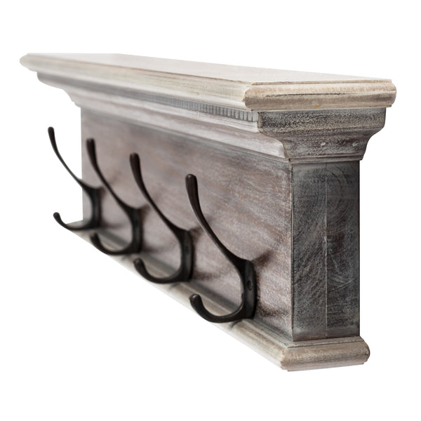 Homeroots 28" Natural Wash Rustic Wood Four Hook Hanging Coat Rack  Mahogany 397662