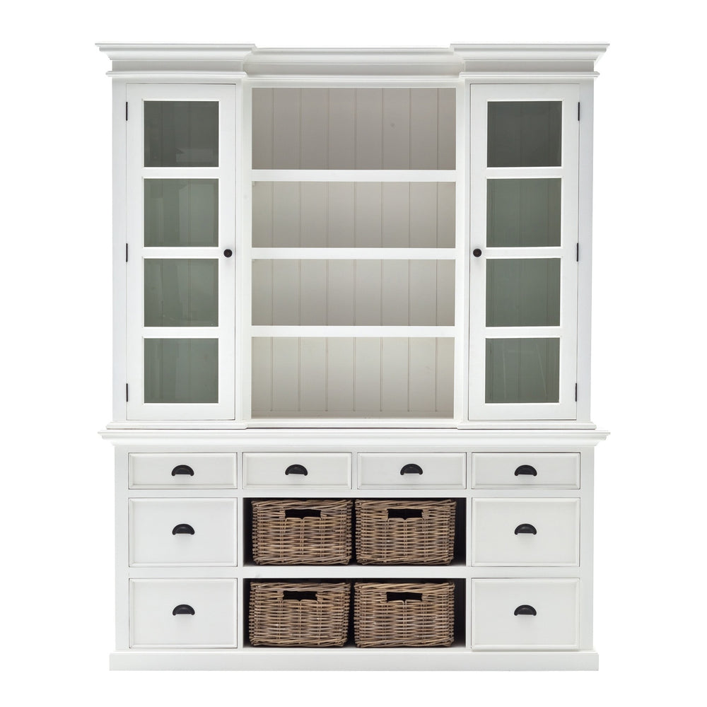 Homeroots 87" White Wood Bookcase With Glass Doors Drawers And Baskets   397667