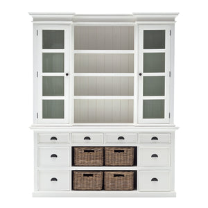 Homeroots 87" White Wood Bookcase With Glass Doors Drawers And Baskets   397667