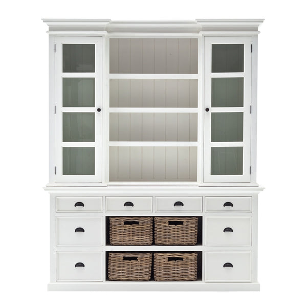 Homeroots 87" White Wood Bookcase With Glass Doors Drawers And Baskets   397667