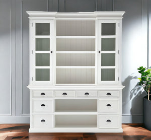Homeroots 87" White Wood Bookcase With Glass Doors Drawers And Baskets   397667