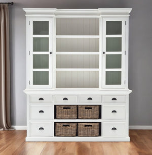 HomeRoots 87" White Wood Bookcase with Glass Doors, Drawers & Rattan Baskets for Stylish Storage Solutions 397667