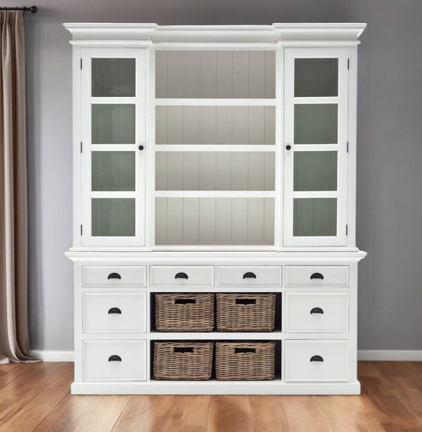 HomeRoots 87" White Wood Bookcase with Glass Doors, Drawers & Rattan Baskets for Stylish Storage Solutions 397667