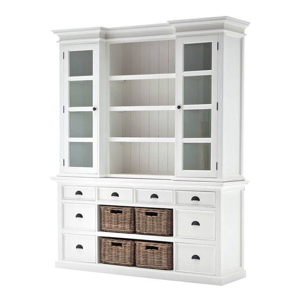 Homeroots 87" White Wood Bookcase With Glass Doors Drawers And Baskets   397667