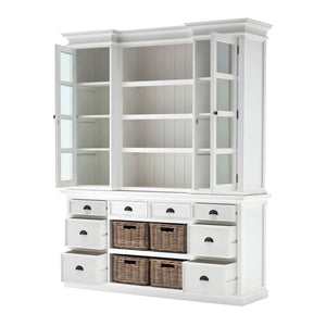 Homeroots 87" White Wood Bookcase With Glass Doors Drawers And Baskets   397667