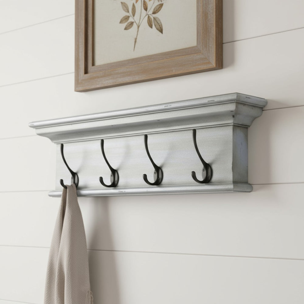 HomeRoots 28" Handcrafted Black and Blue Solid Wood Coat Rack with Shelving - Rustic Vintage Style Decor 397678
