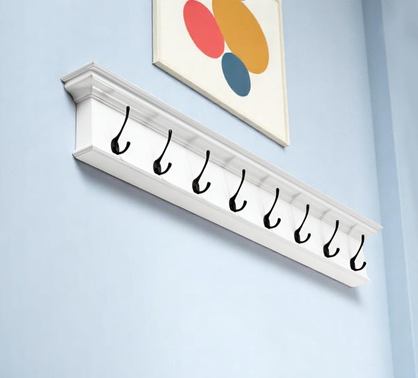 HomeRoots 51" White Solid Wood Coat Rack with 8 Antique Brass Hooks & Shelf - Stylish Entryway Storage Solution 397682