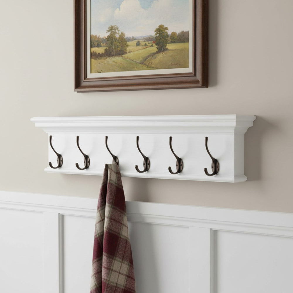 HomeRoots 39" Classic White Wood Coat Rack with Six Brass Hooks and Decorative Shelf for Stylish Organization 397696
