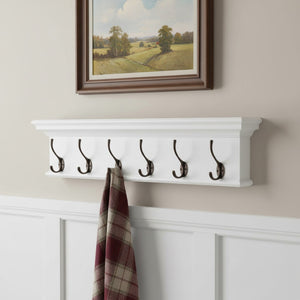 HomeRoots 39" Classic White Wood Coat Rack with Six Brass Hooks and Decorative Shelf for Stylish Organization 397696