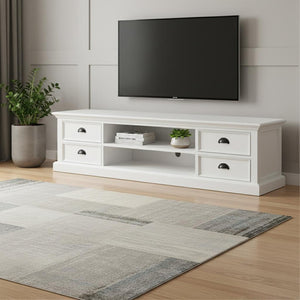 HomeRoots 71" White Solid Wood TV Stand - Versatile Modern Farmhouse Style with Ample Storage & Display Space 397708
