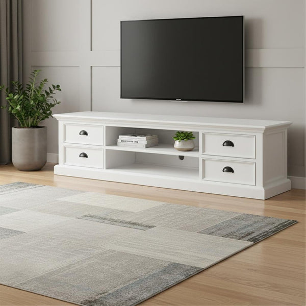 HomeRoots 71" White Solid Wood TV Stand - Versatile Modern Farmhouse Style with Ample Storage & Display Space 397708