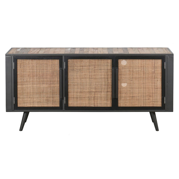 Homeroots Rustic Black Natural And Rattan Media Cabinet With Three Doors  Solid And Manufactured Wood 397768